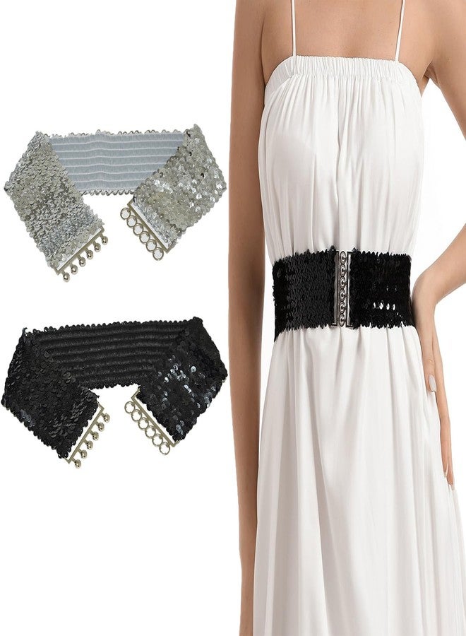 ArrErr 2 Pack Women Wide Elastic Belts Shiny Glitter Bling Sparkly Sequin Belt Retro Cinch Belt Waistband for 70s 80s Costume Party Disco Outfit Sparkle Flare Jumpsuit Halloween Cosplay Sequins Dress - Image 1